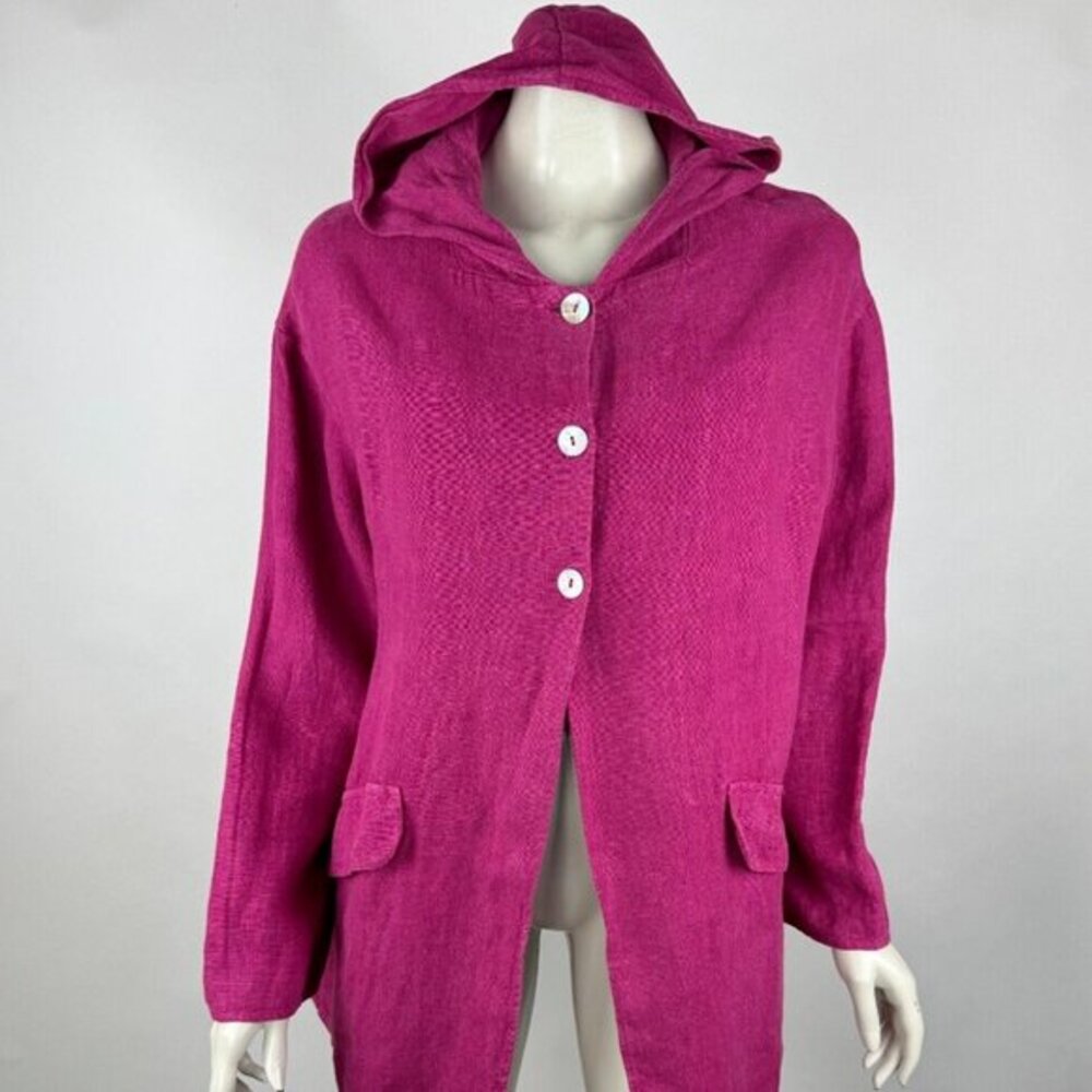 Bryn Walker Heavy Linen Hooded Jacket Women M $158 Havana Pink Button-Up Pockets